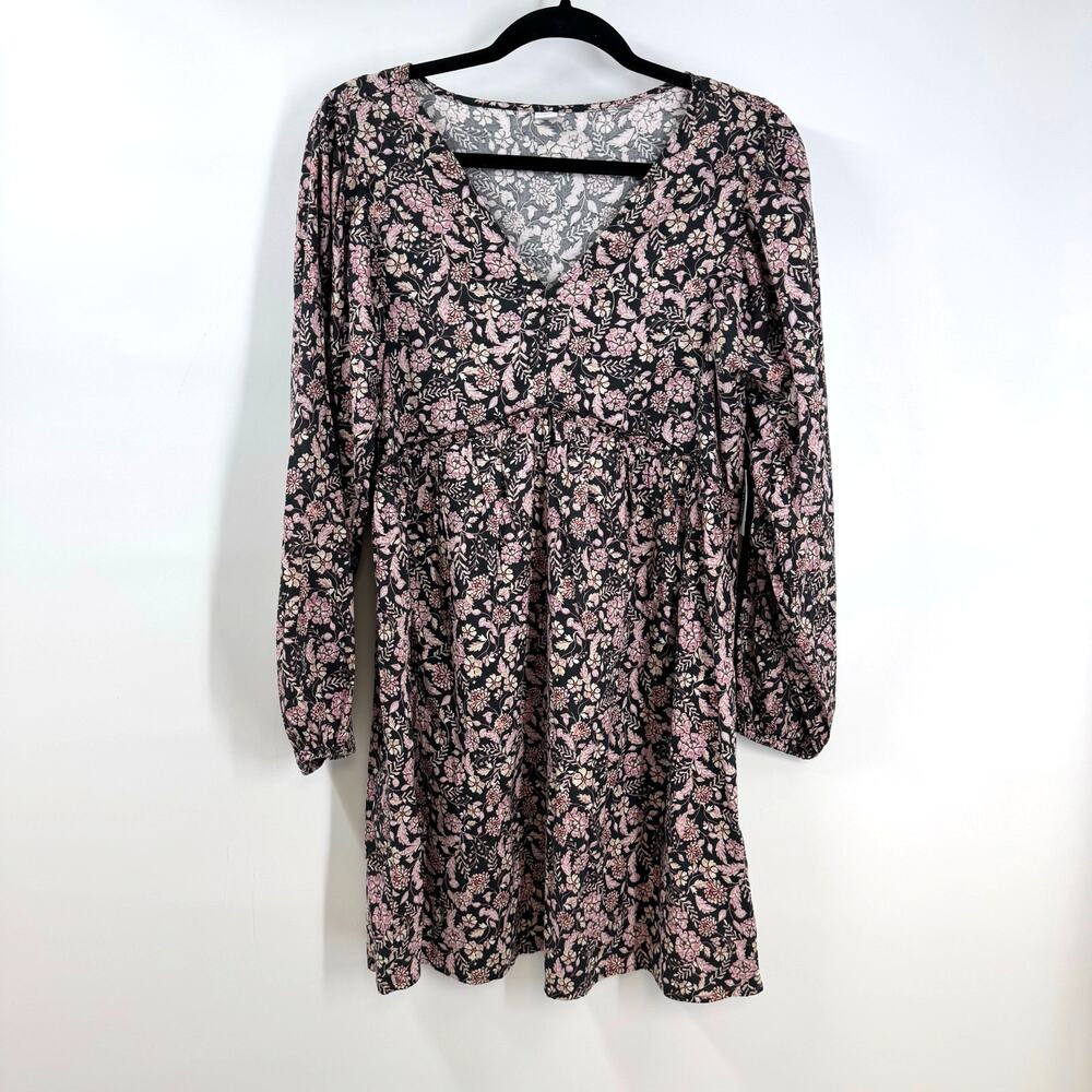 NEW Old Navy Dress M Gray Floral Swing Long Sleeve Babydoll V Neck Cottage Boho